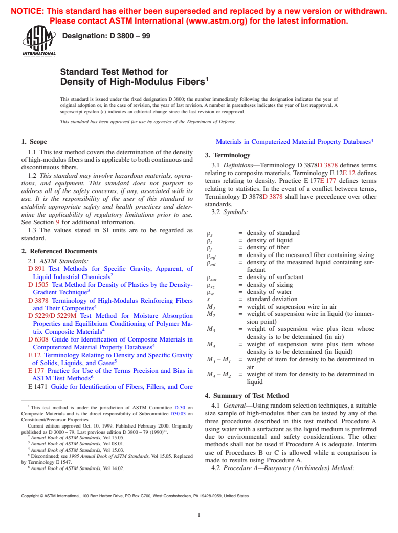 ASTM D3800-99 - Standard Test Method for Density of High-Modulus Fibers