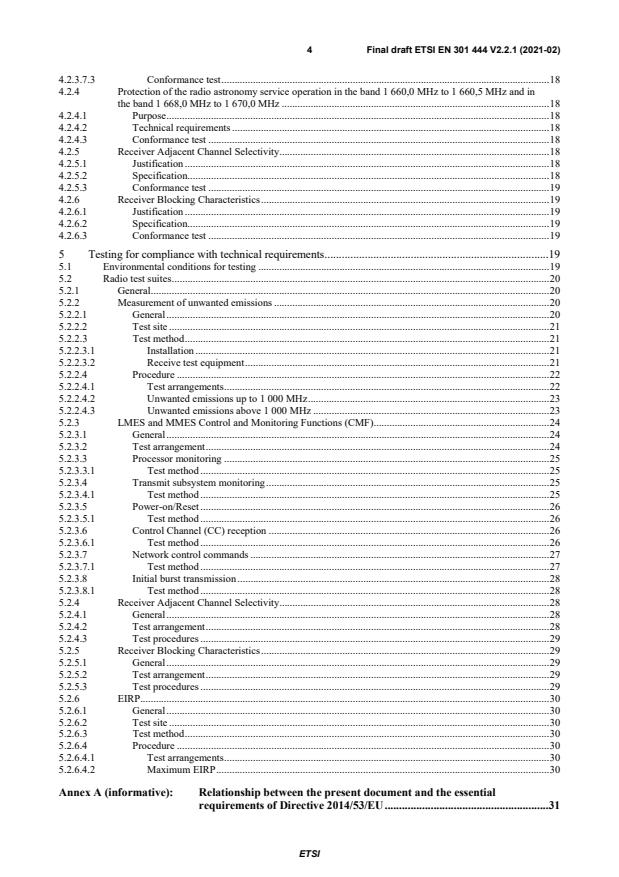 SIST EN 301 444 V2.2.1:2021 ETSI EN 301 444 V2.2.1 (2021-02) - Satellite Earth Stations and Systems (SES); Land Mobile Earth Stations (LMES) and Maritime Mobile Earth Stations (MMES) providing voice and/or data communications, operating in the 1,5 GHz and 1,6 GHz frequency bands; Harmonised Standard for access to radio spectrum - Page 4 preview