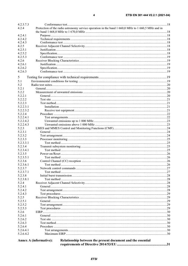 SIST EN 301 444 V2.2.1:2021 ETSI EN 301 444 V2.2.1 (2021-04) - Satellite Earth Stations and Systems (SES); Land Mobile Earth Stations (LMES) and Maritime Mobile Earth Stations (MMES) providing voice and/or data communications, operating in the 1,5 GHz and 1,6 GHz frequency bands; Harmonised Standard for access to radio spectrum - Page 4 preview