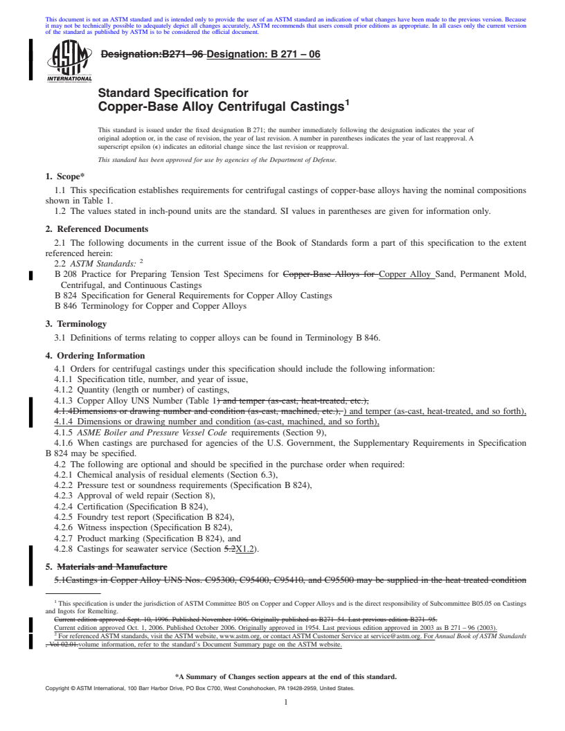 REDLINE ASTM B271-06 - Standard Specification for Copper-Base Alloy Centrifugal Castings