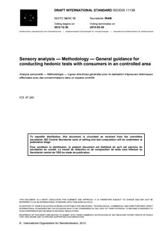 ISO 11136:2014 - Sensory analysis -- Methodology -- General guidance for conducting hedonic tests with consumers in a controlled area