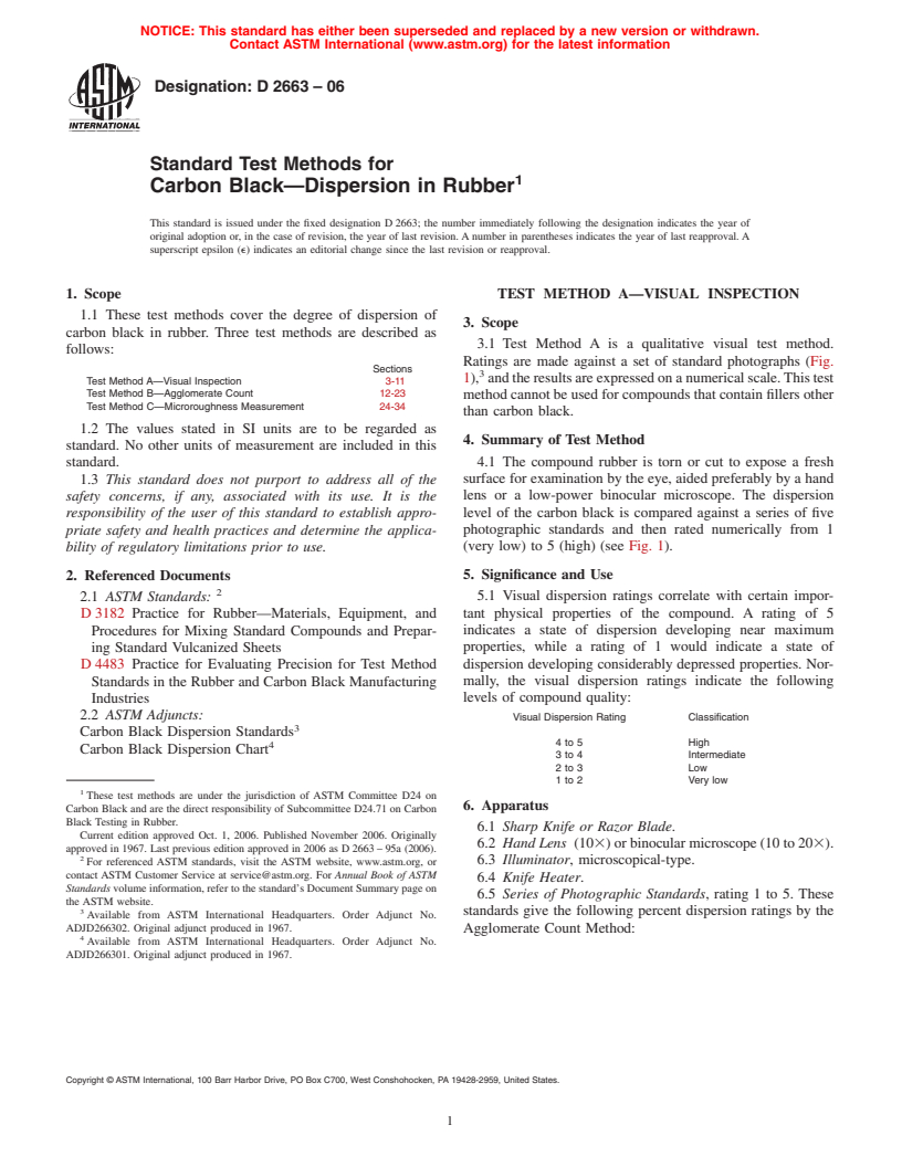 ASTM D2663-06 - Standard Test Methods for Carbon Black-Dispersion in Rubber