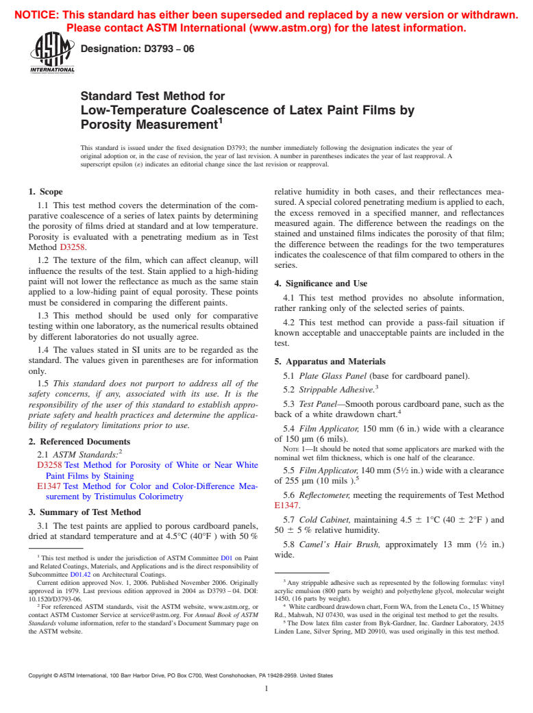 ASTM D3793-06 - Standard Test Method for Low-Temperature Coalescence of Latex Paint Films by Porosity Measurement (Withdrawn 2012)