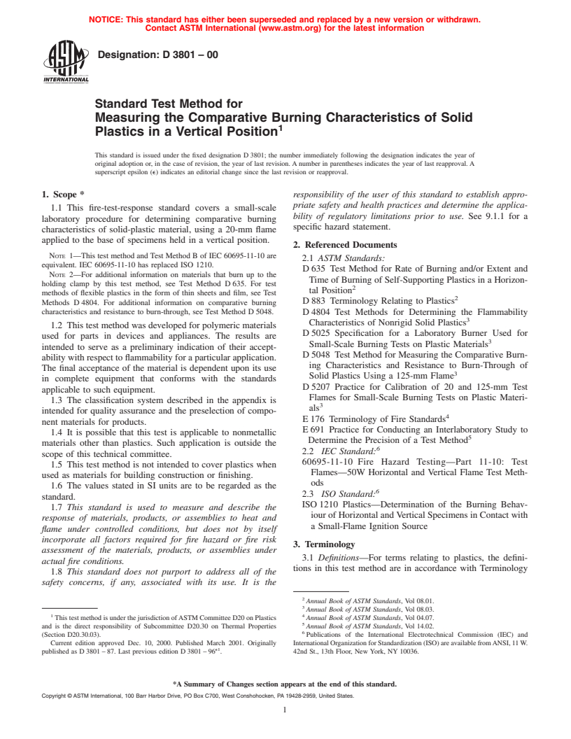 ASTM D3801-00 - Standard Test Method for Measuring the Comparative Burning Characteristics of Solid Plastics in a Vertical Position