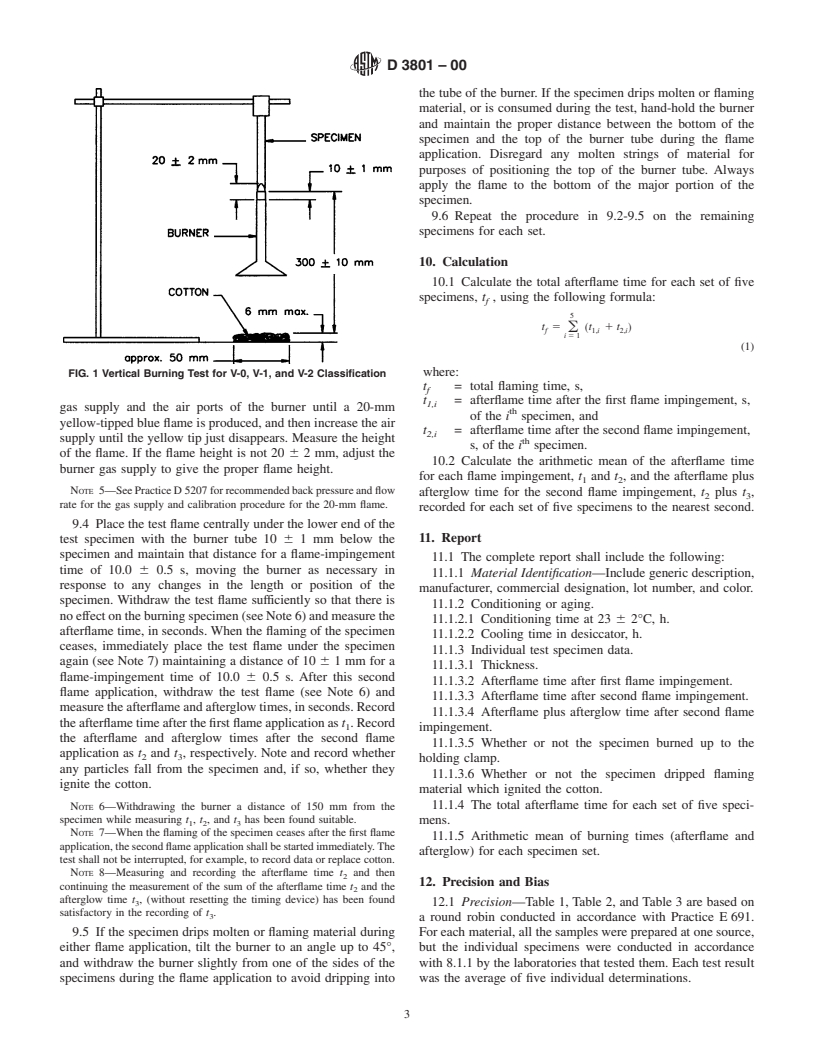 ASTM D3801-00 - Standard Test Method for Measuring the Comparative Burning Characteristics of Solid Plastics in a Vertical Position