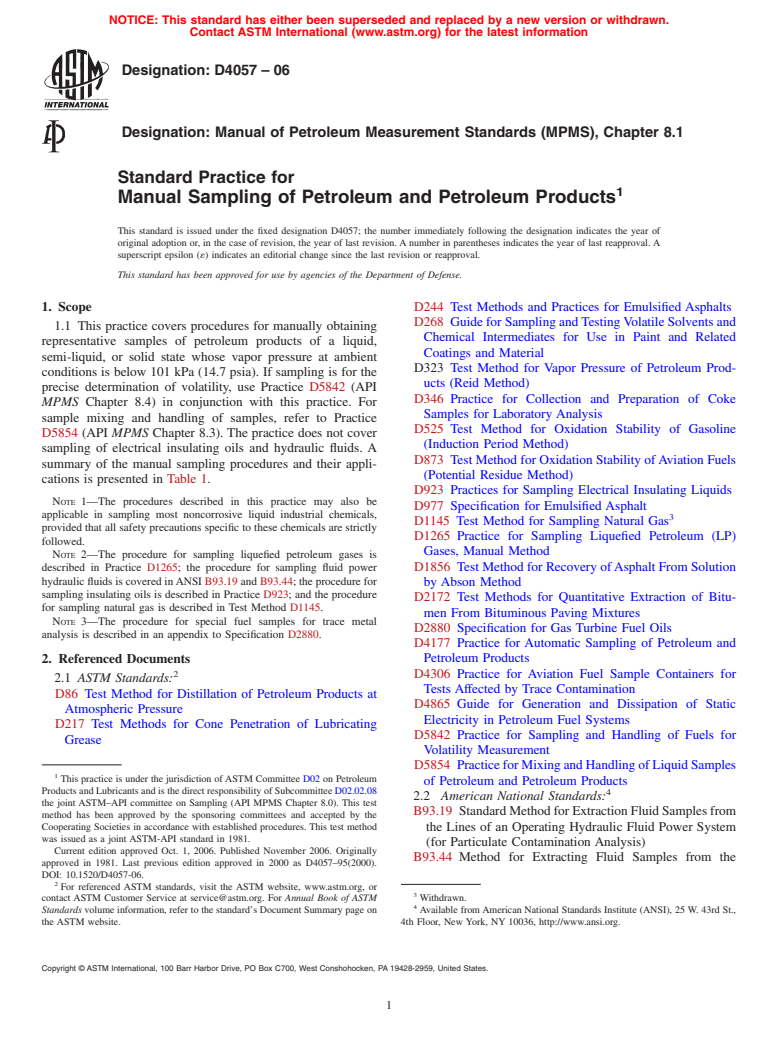 ASTM D4057-06 - Standard Practice for Manual Sampling of Petroleum and Petroleum Products