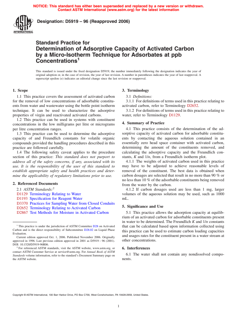 ASTM D5919-96(2006) - Standard Practice for Determination of Adsorptive Capacity of Activated Carbon by a Micro-Isotherm Technique for Adsorbates at ppb Concentrations