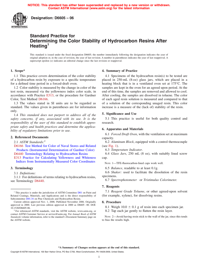 ASTM D6605-06 - Standard Practice for Determining the Color Stability of Hydrocarbon Resins After Heating