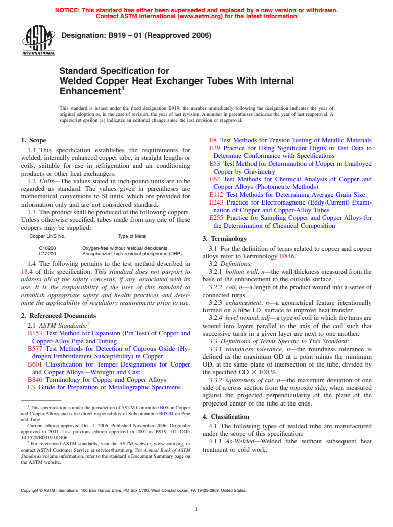 ASTM B919-01(2006) - Standard Specification for Welded Copper Heat Exchanger Tubes With Internal Enhancement