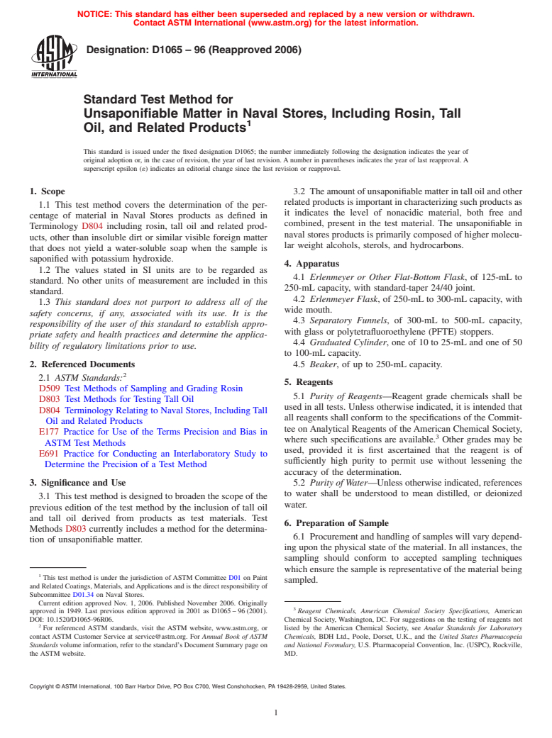 ASTM D1065-96(2006) - Standard Test Method for Unsaponifiable Matter in Naval Stores, Including Rosin, Tall Oil, and Related Products