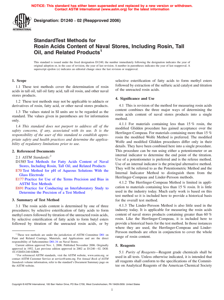 ASTM D1240-02(2006) - Standard Test Methods for Rosin Acids Content of Naval Stores, Including Rosin, Tall Oil, and Related Products