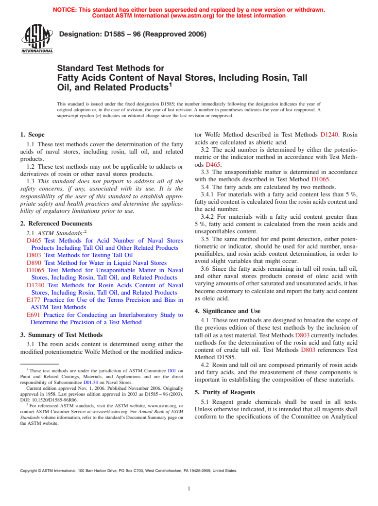 ASTM D1585-96(2006) - Standard Test Methods for Fatty Acids Content of Naval Stores, Including Rosin, Tall Oil, and Related Products