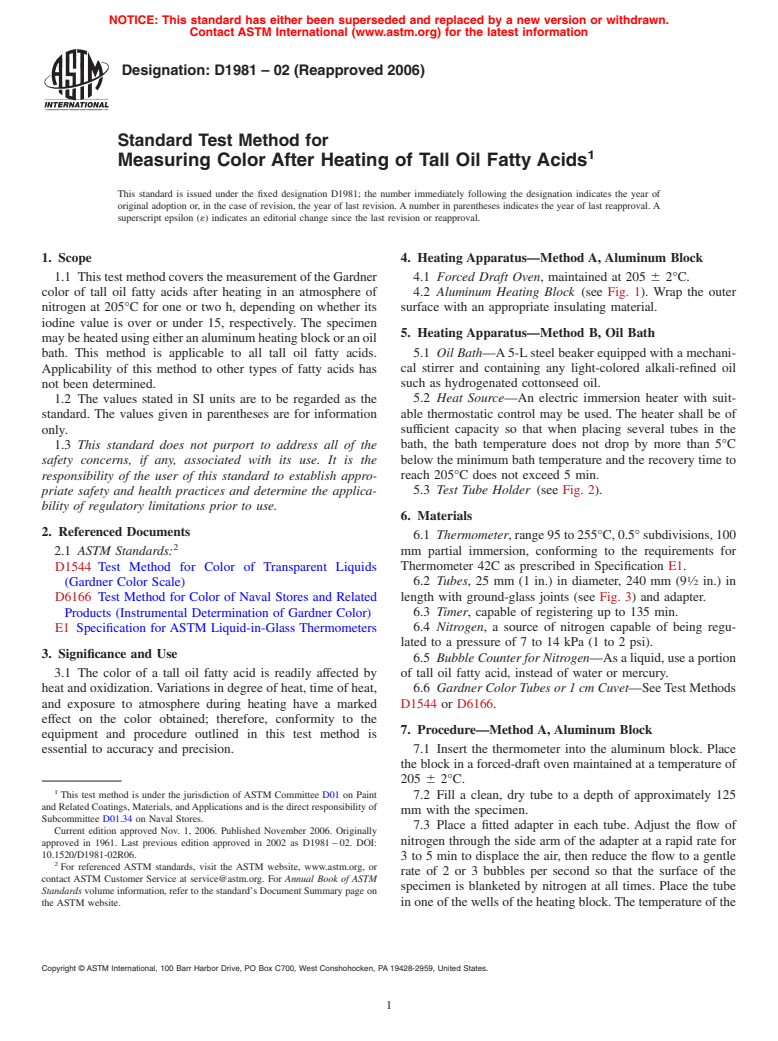 ASTM D1981-02(2006) - Standard Test Method for Measuring Color After Heating of Tall Oil Fatty Acids