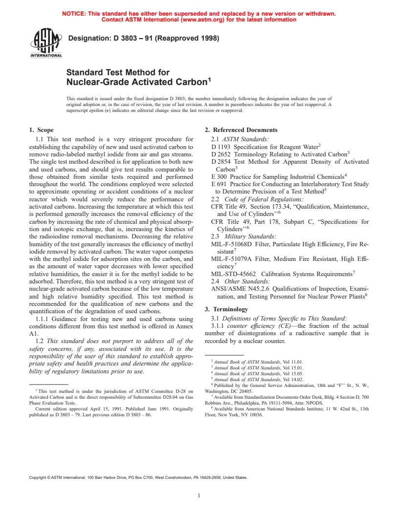 ASTM D3803-91(1998) - Standard Test Method for Nuclear-Grade Activated Carbon