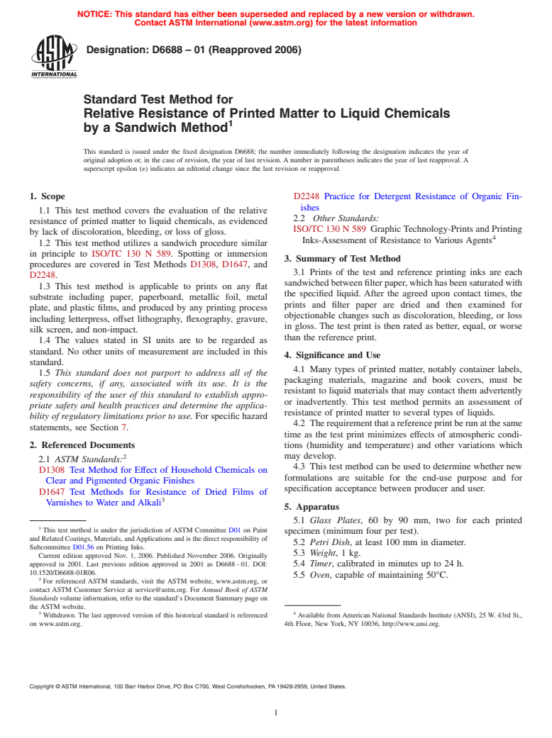 ASTM D6688-01(2006) - Standard Test Method for Relative Resistance of Printed Matter to Liquid Chemicals by a Sandwich Method