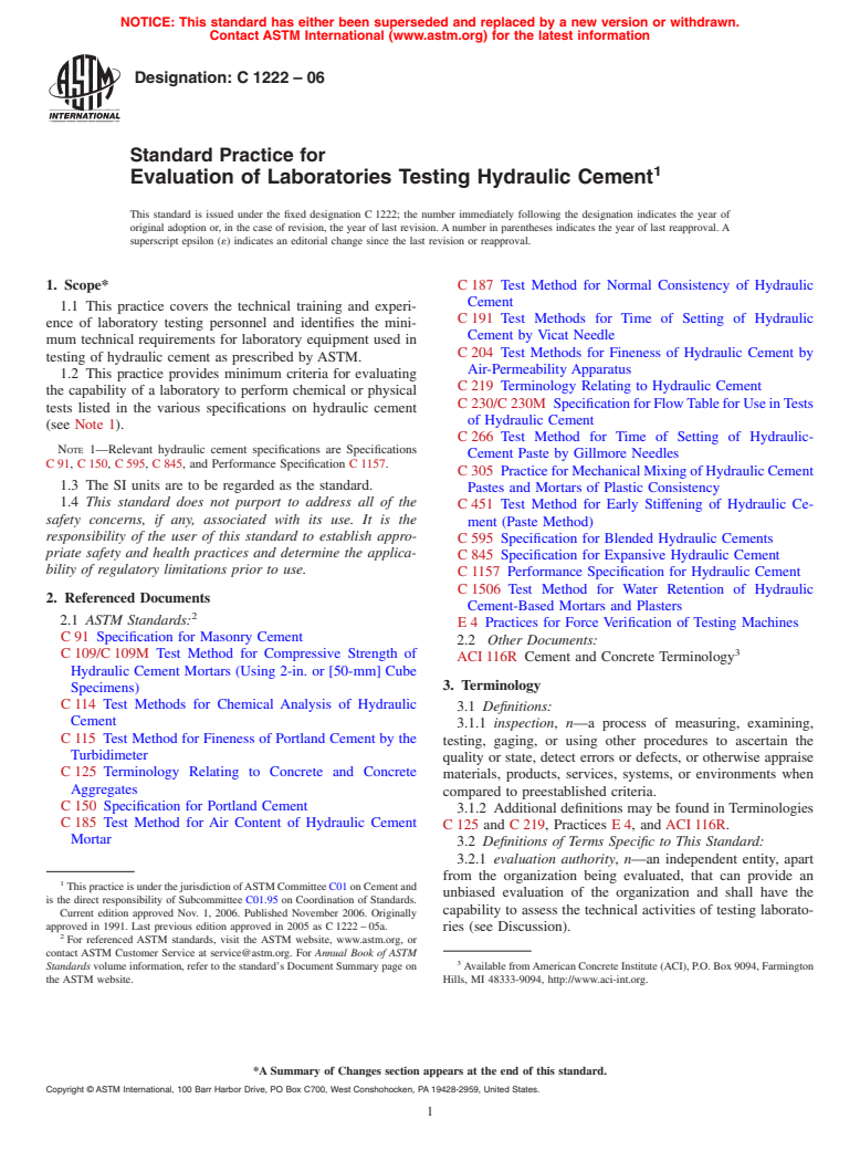 ASTM C1222-06 - Standard Practice for Evaluation of Laboratories Testing Hydraulic Cement