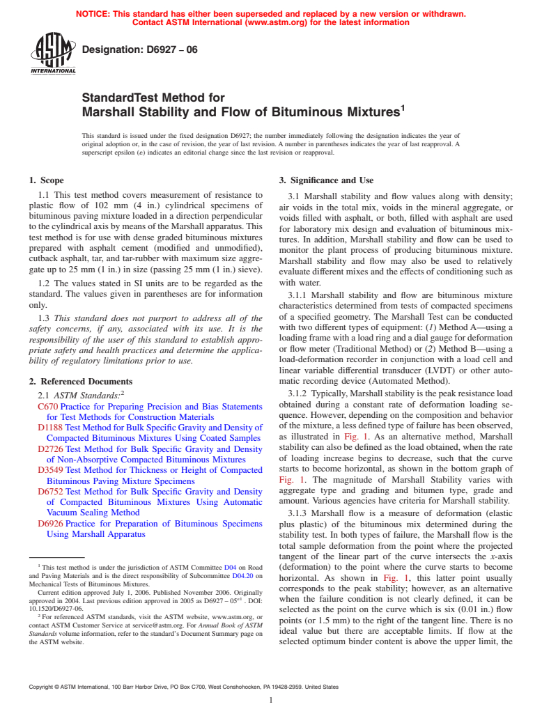 ASTM D6927-06 - Standard Test Method for Marshall Stability and Flow of Bituminous Mixtures