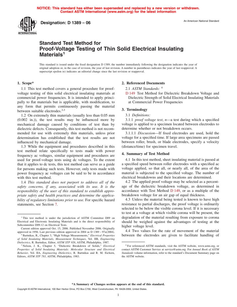 ASTM D1389-06 - Standard Test Method for Proof-Voltage Testing of Thin Solid Electrical Insulating Materials