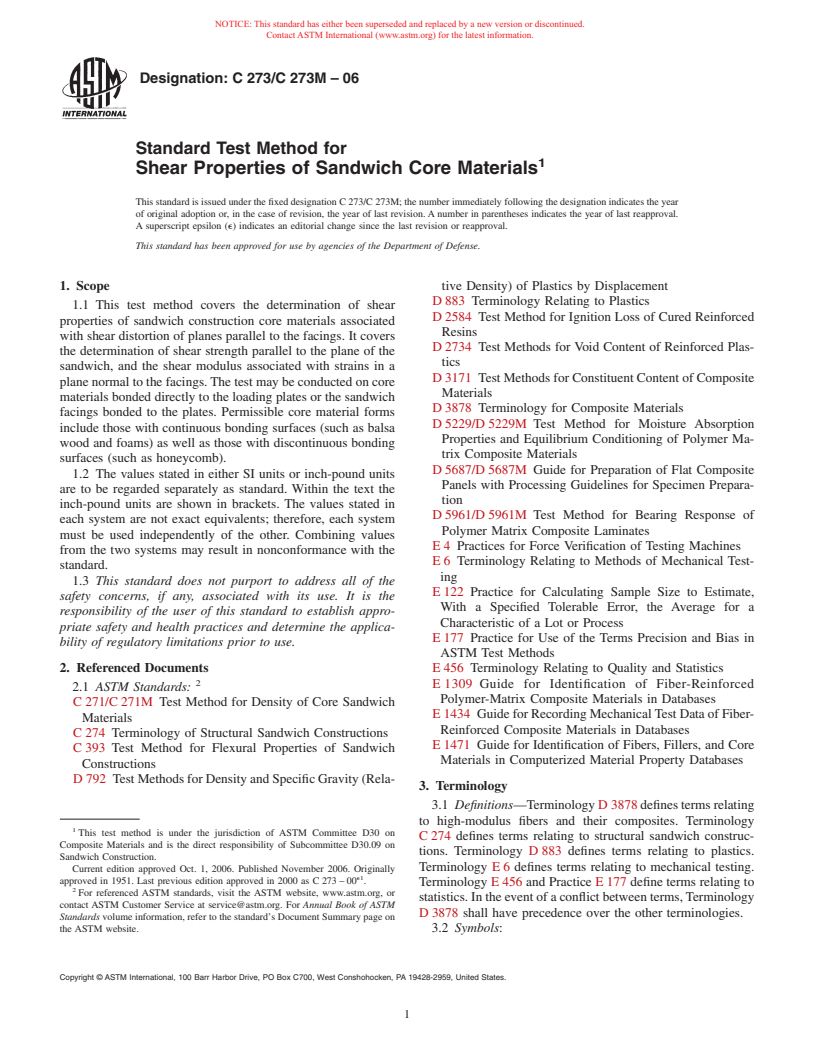 ASTM C273/C273M-06 - Standard Test Method for Shear Properties of Sandwich Core Materials