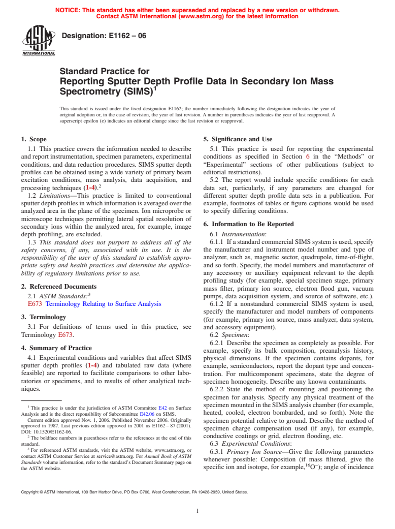 ASTM E1162-06 - Standard Practice for Reporting Sputter Depth Profile Data in Secondary Ion Mass Spectrometry (SIMS)