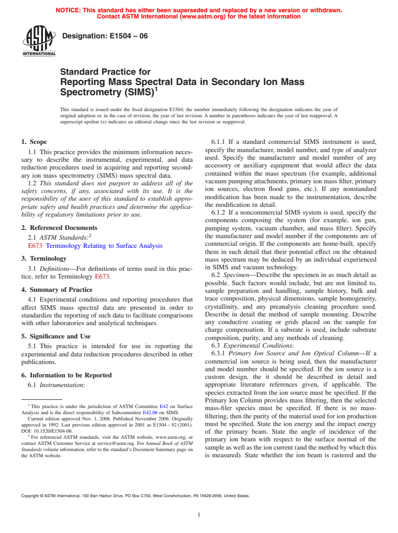 ASTM E1504-06 - Standard Practice for Reporting Mass Spectral Data in Secondary Ion Mass Spectrometry (SIMS)