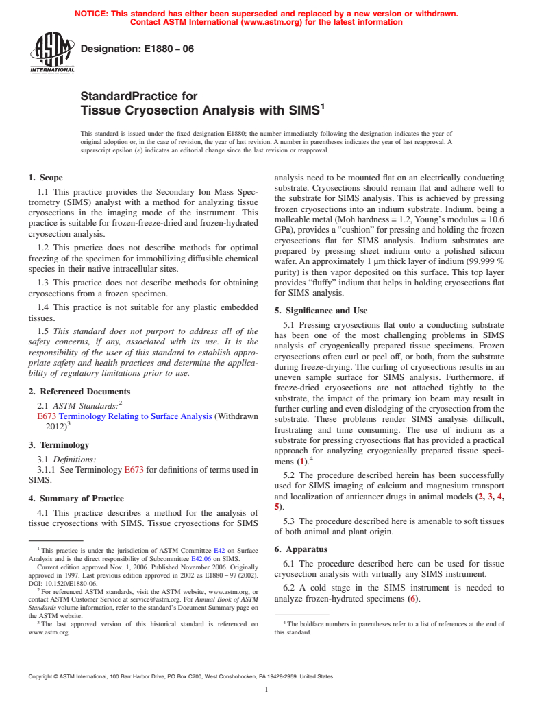 ASTM E1880-06 - Standard Practice for Tissue Cryosection Analysis with SIMS