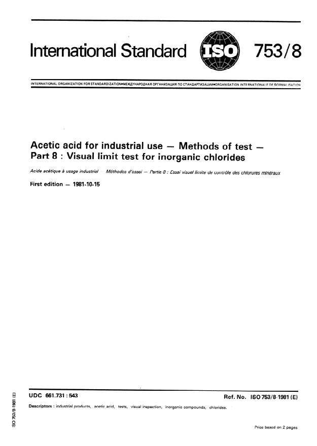 ISO 753-8:1981 - Acetic acid for industrial use -- Methods of test