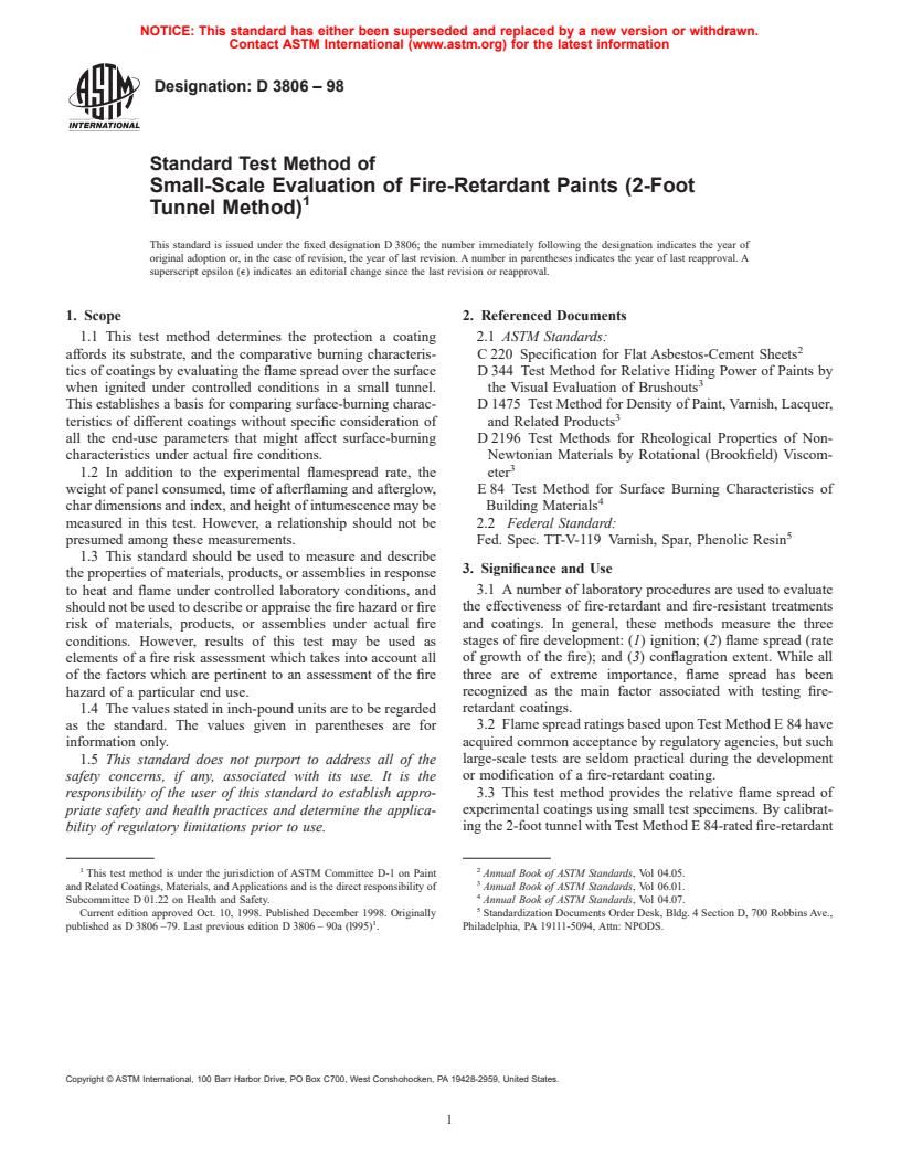 ASTM D3806-98 - Standard Test Method of Small-Scale Evaluation of Fire-Retardant Paints (2-Foot Tunnel Method)