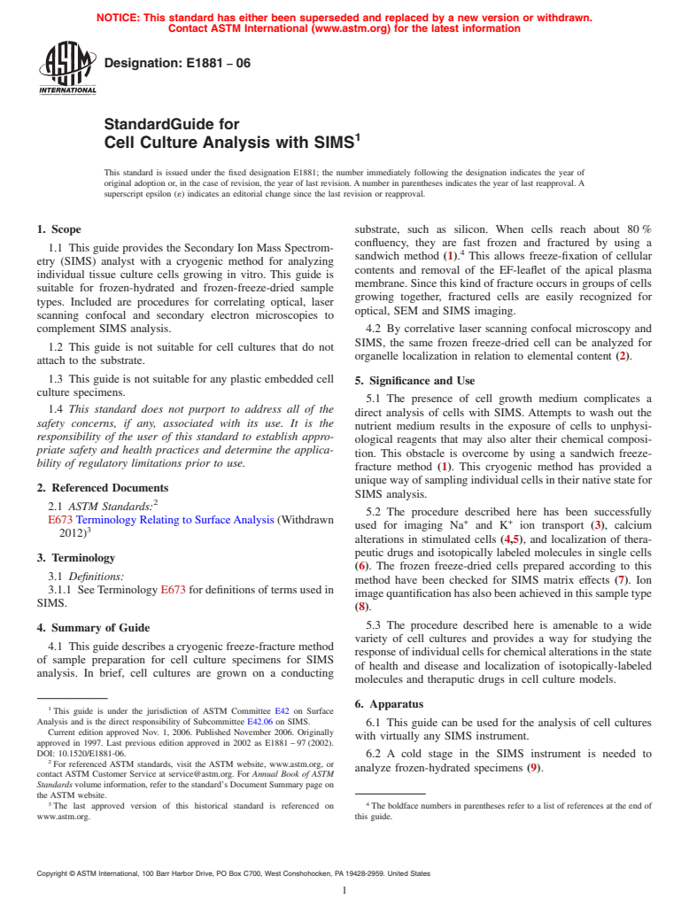 ASTM E1881-06 - Standard Guide for Cell Culture Analysis with SIMS