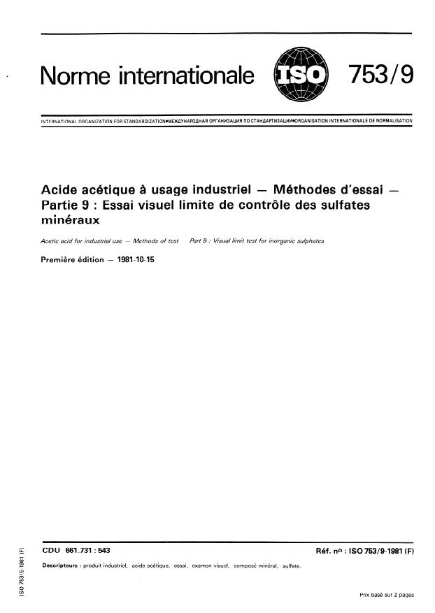 ISO 753-9:1981 - Acide acétique a usage industriel -- Méthodes d'essai