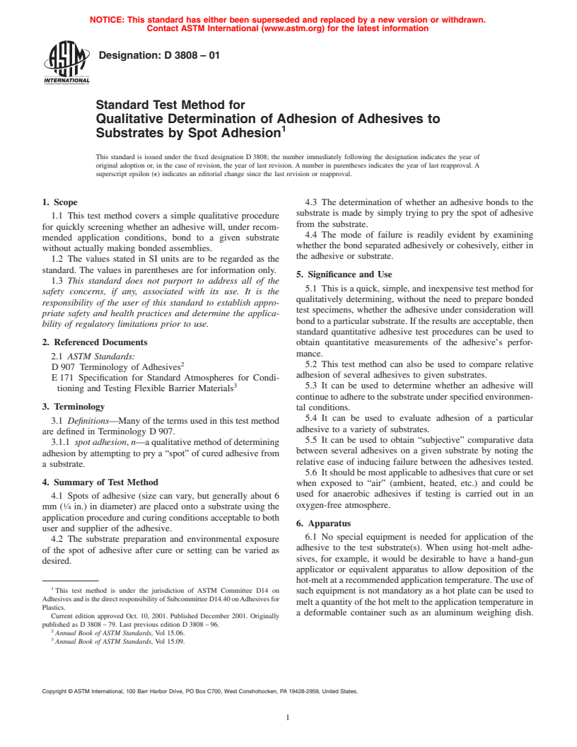 ASTM D3808-01 - Standard Test Method for Qualitative Determination of Adhesion of Adhesives to Substrates by Spot Adhesion