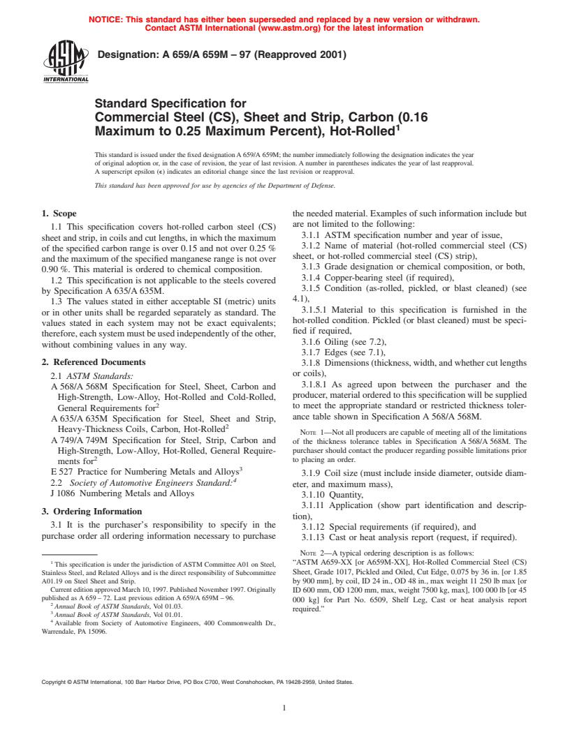 ASTM A659/A659M-97(2001) - Standard Specification for Commercial Steel (CS), Sheet and Strip, Carbon (0.16 Maximum to 0.25 Maximum Percent), Hot-Rolled