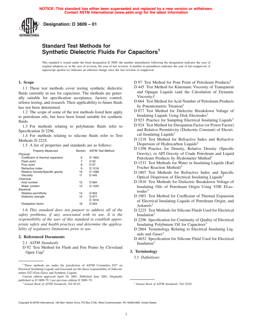 ASTM D3809-01 - Standard Method for Testing Synthetic Dielectric Fluids For Capacitors