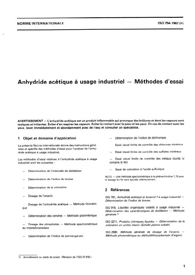 ISO 754:1982 - Anhydride acétique a usage industriel -- Méthodes d'essai