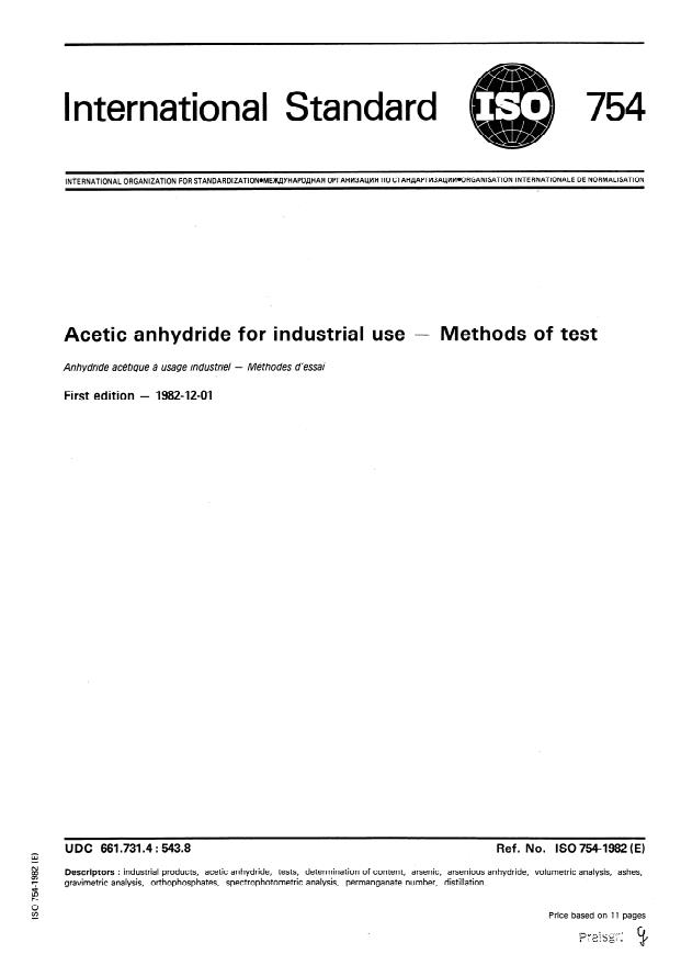 ISO 754:1982 - Acetic anhydride for industrial use -- Methods of test