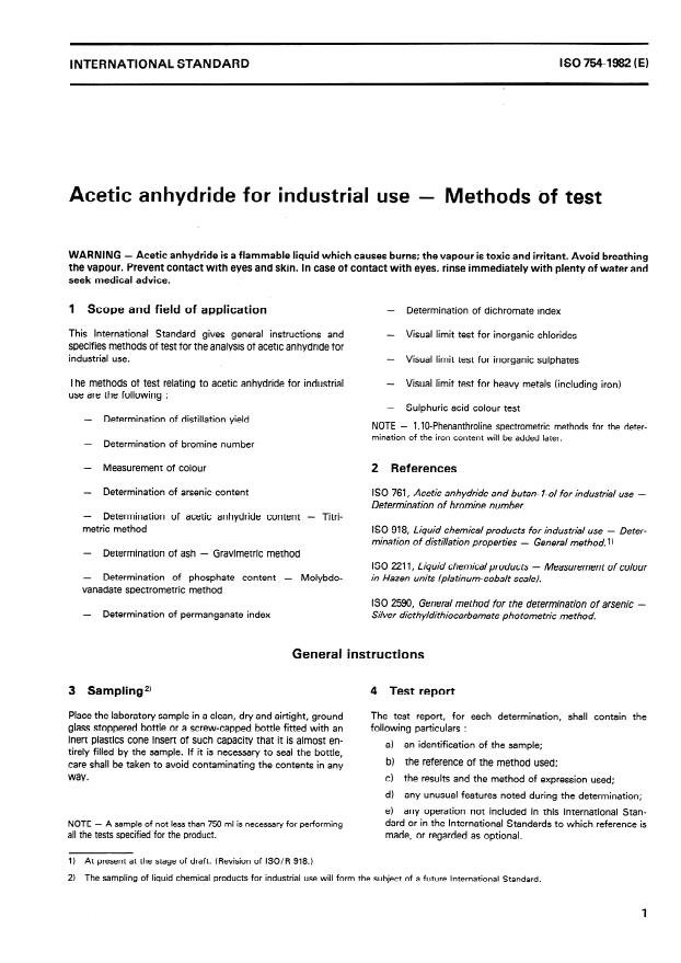 ISO 754:1982 - Acetic anhydride for industrial use -- Methods of test