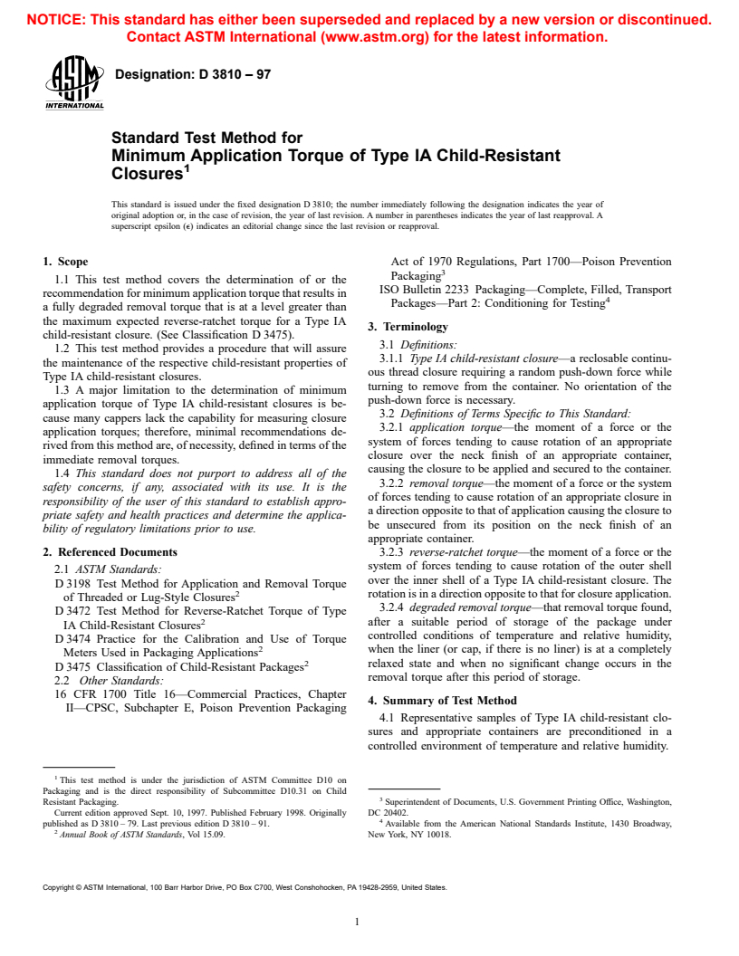 ASTM D3810-97 - Standard Test Method for Minimum Application Torque of Type IA Child-Resistant Closures