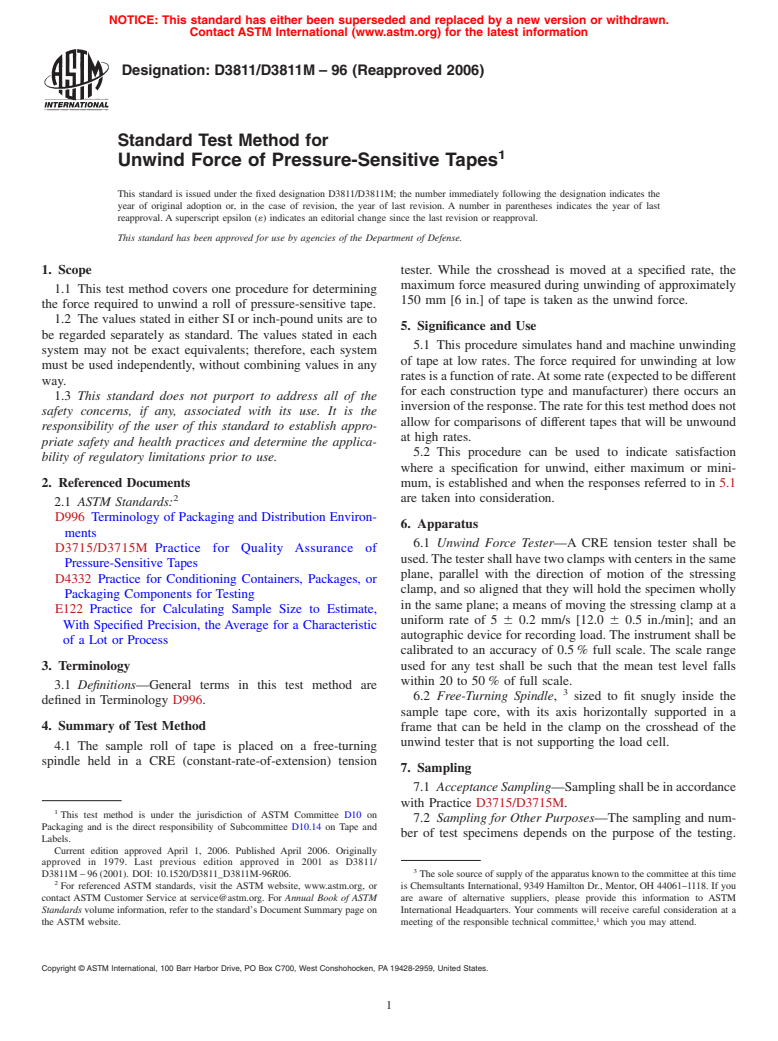 ASTM D3811/D3811M-96(2006) - Standard Test Method for Unwind Force of Pressure-Sensitive Tapes