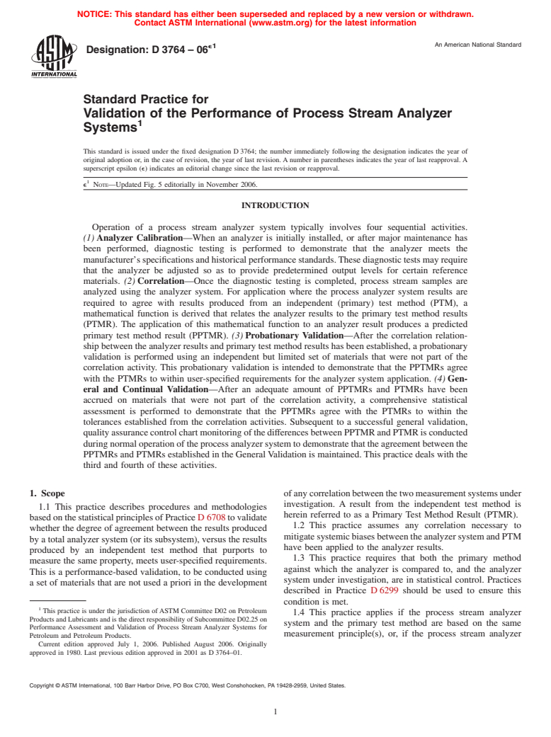 ASTM D3764-06e1 - Standard Practice for Validation of the Performance of Process Stream Analyzer Systems