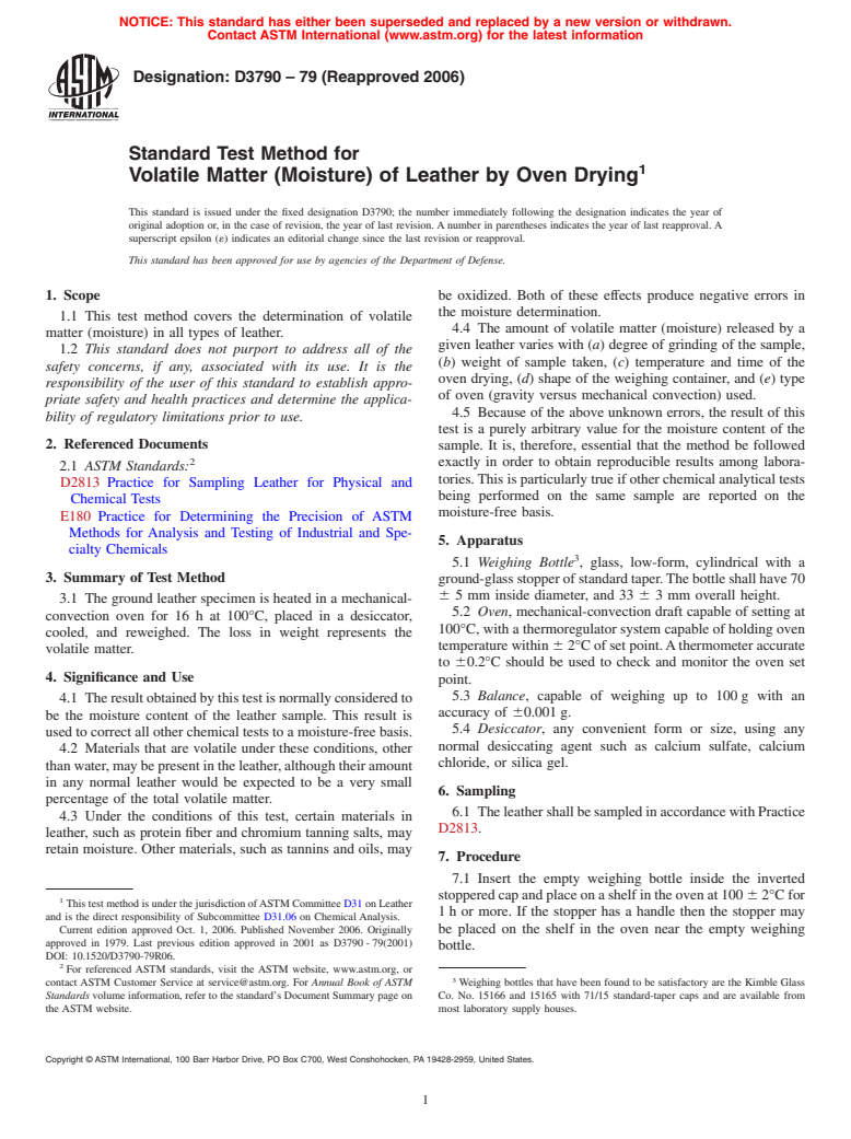 ASTM D3790-79(2006) - Standard Test Method for Volatile Matter (Moisture) of Leather by Oven Drying