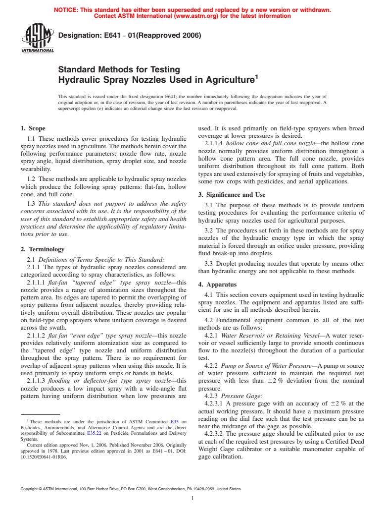 ASTM E641-01(2006) - Standard Methods for Testing Hydraulic Spray Nozzles Used in Agriculture