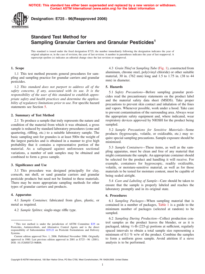 ASTM E725-96(2006) - Standard Test Method for Sampling Granular Carriers and Granular Pesticides