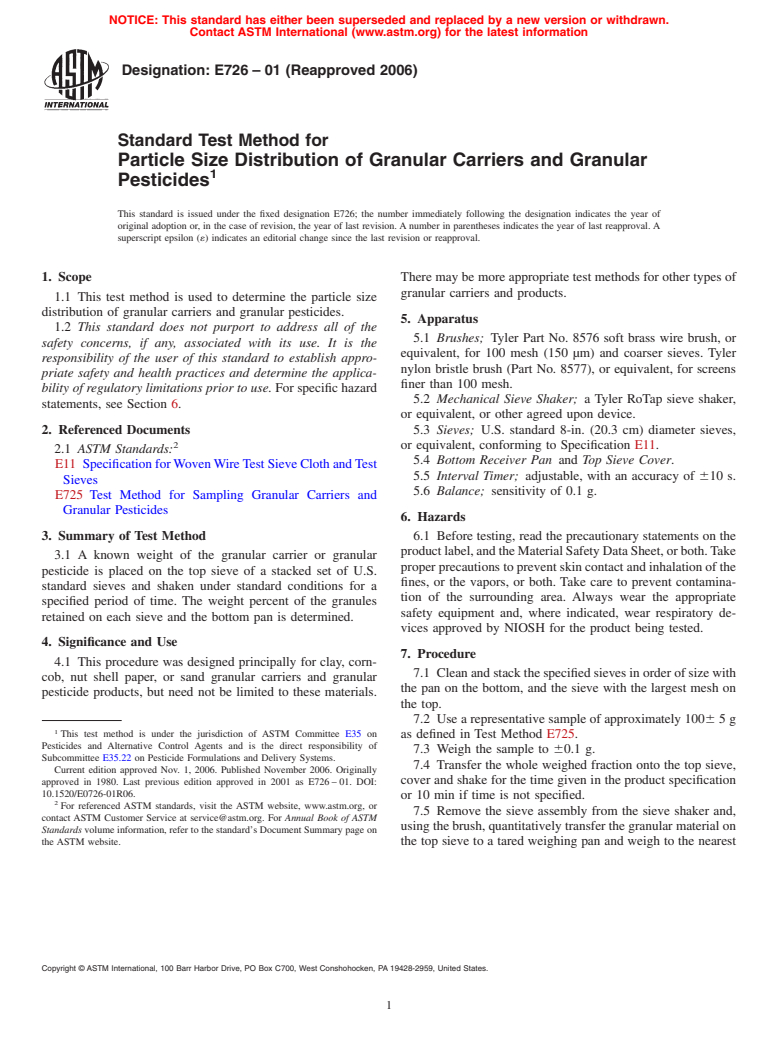 ASTM E726-01(2006) - Standard Test Method for Particle Size Distribution of Granular Carriers and Granular Pesticides