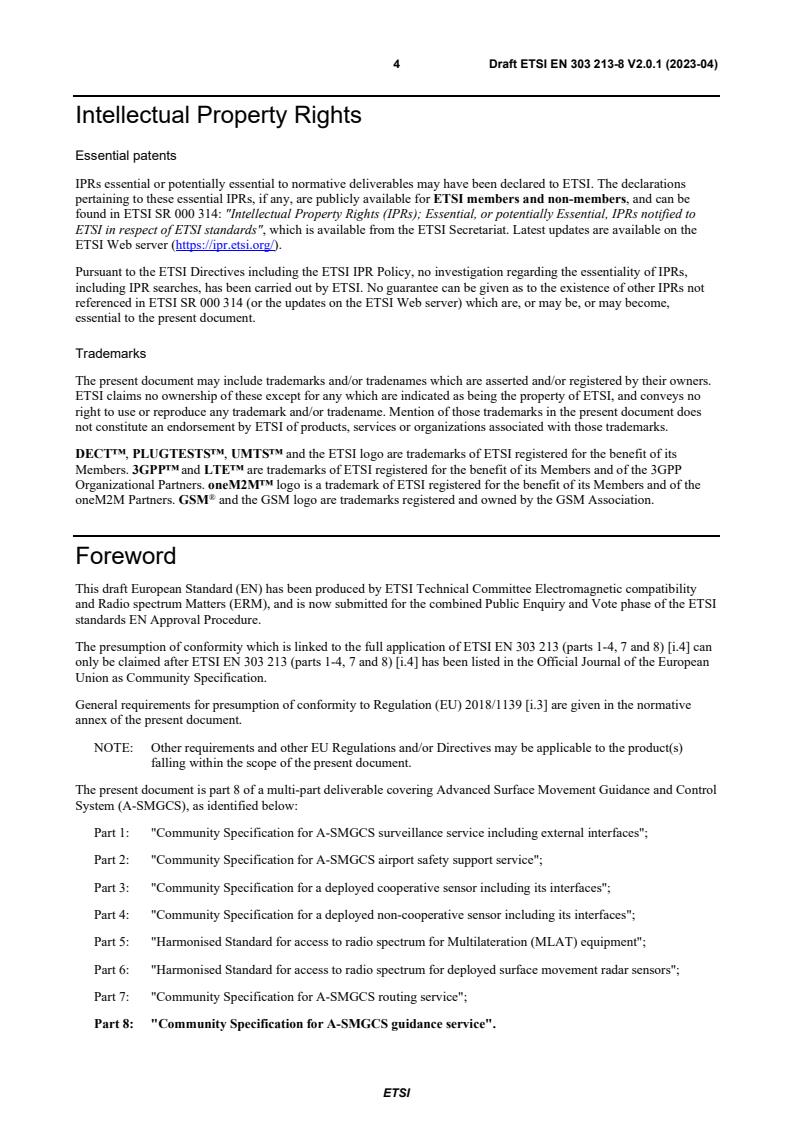 SIST EN 303 213-8 V2.1.1:2023 ETSI EN 303 213-8 V2.0.1 (2023-04) - Advanced Surface Movement Guidance and Control System (A-SMGCS); Part 8: Community Specification for A-SMGCS guidance service - Page 4 preview