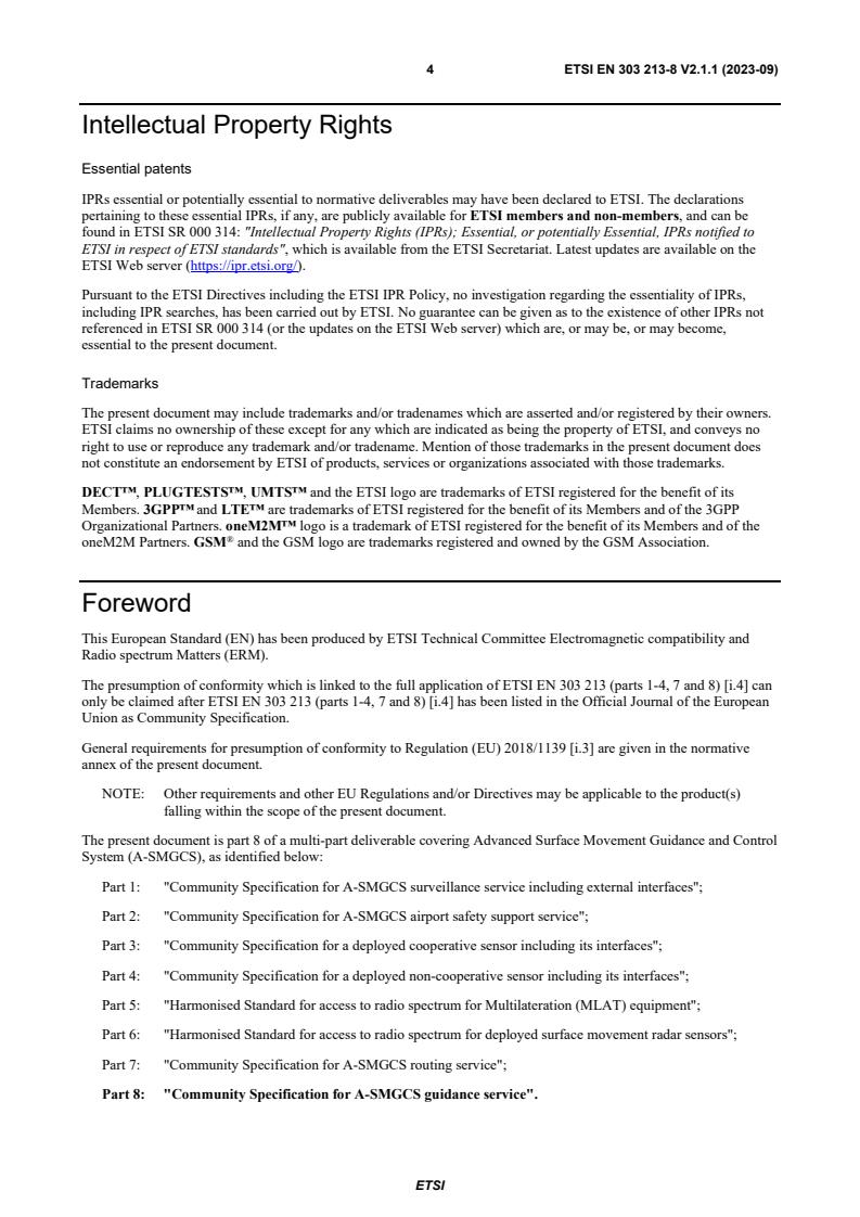 SIST EN 303 213-8 V2.1.1:2023 ETSI EN 303 213-8 V2.1.1 (2023-09) - Advanced Surface Movement Guidance and Control System (A-SMGCS); Part 8: Community Specification for A-SMGCS guidance service - Page 4 preview