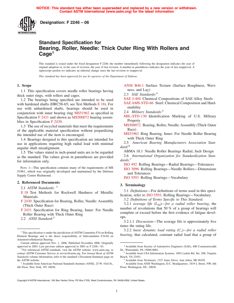 ASTM F2246-06 - Standard Specification for Bearing, Roller, Needle: Thick Outer Ring With Rollers and Cage