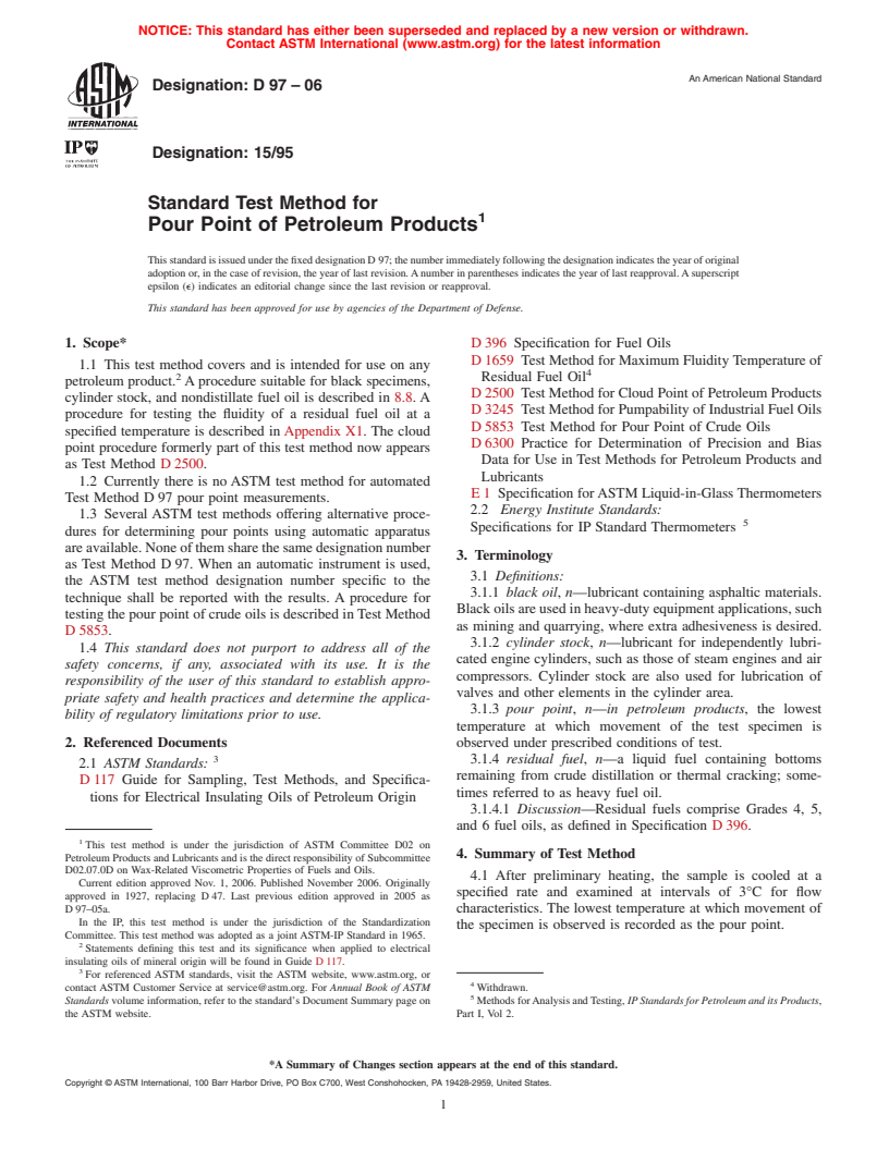 ASTM D97-06 - Standard Test Method for Pour Point of Petroleum Products