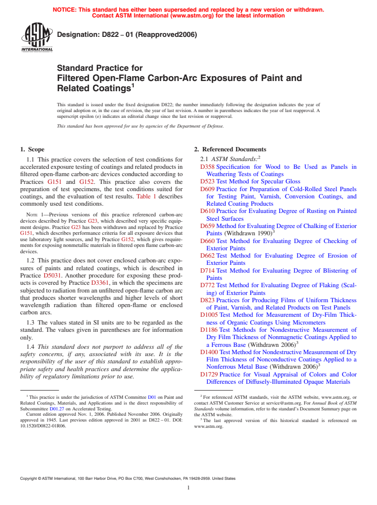 ASTM D822-01(2006) - Standard Practice for Filtered Open-Flame Carbon-Arc Exposures of Paint and Related Coatings