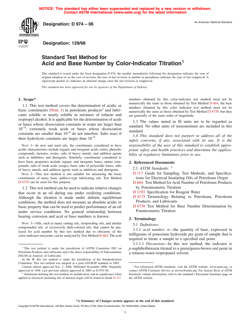 ASTM D974-06 - Standard Test Method for Acid and Base Number by Color-Indicator Titration