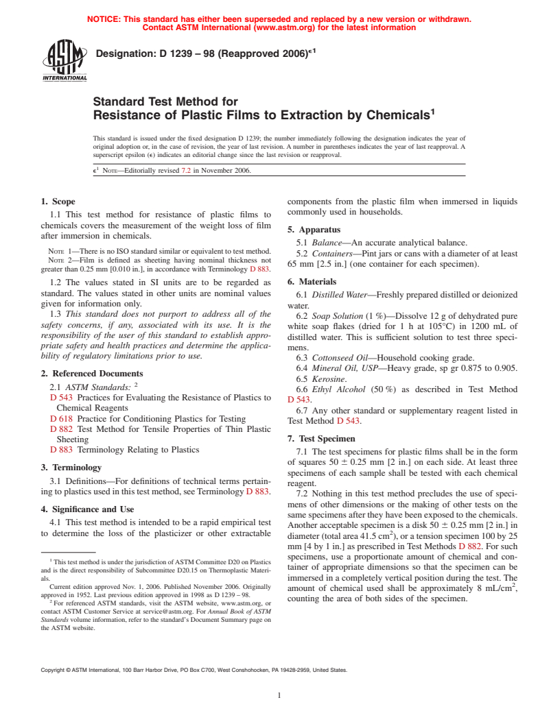 ASTM D1239-98(2006)e1 - Standard Test Method for Resistance of Plastic Films to Extraction by Chemicals